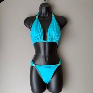 Aqua Blue Bikini Set Gold Halter Top Brazilian Cut Bottom sz S (D cup) Luxury